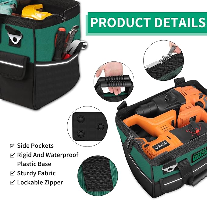 GrenPRO Heavy Duty Tool Bag for Men, 16 Inch Wide Mouth Tool Bags Organizer, Soft Handle Toolbox Storage, Large Zipper Electrician Tool Bag