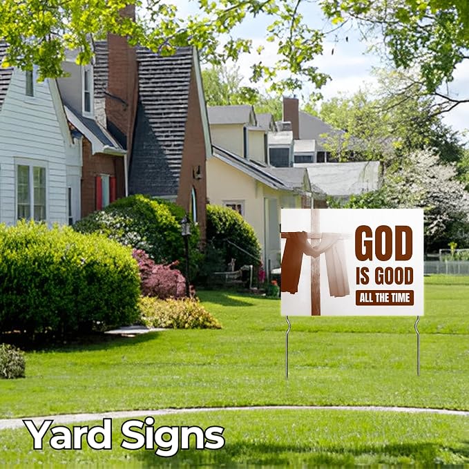 God is Good - All the Time! Yard Sign by DC | 24"x18" Double Sided Church Garden Sign with 13” Metal Stakes | Outdoor Signs Waterproof for Lawn, Patio, Sidewalk & House | Set of 2 | Made in USA