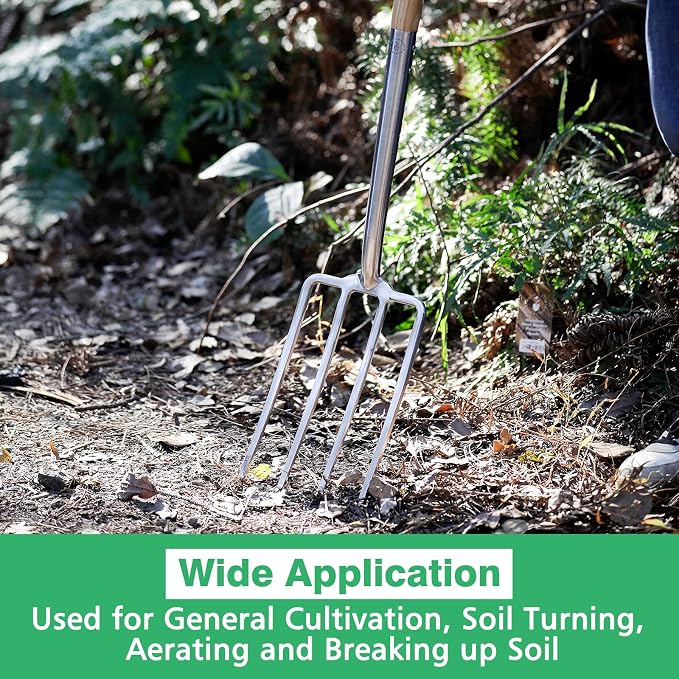 Berry&Bird Gardening Digging Fork, 4-Tine Stainless Steel Pitchfork, 43.9" Heavy Duty Spading Fork with D-Grip Handle and Ergonomic Ash Wood Handle for Digging, Planting, Cultivating, Aerating