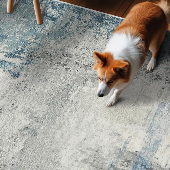 3x10 Abstract Modern Extra Long Runner:Non Slip Washable Rug Blue | Indoor Hallway Carpet for Long Entryways, Kitchen, Bedroom - Soft Thin Low Pile Floor Runners for High Traffic Areas