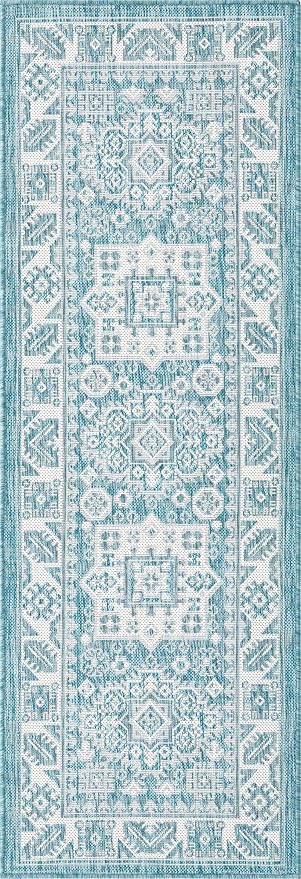 Unique Loom Outdoor Aztec Collection Area Rug - Chalca (2' x 6' 1" Runner, Aqua/ Ivory)