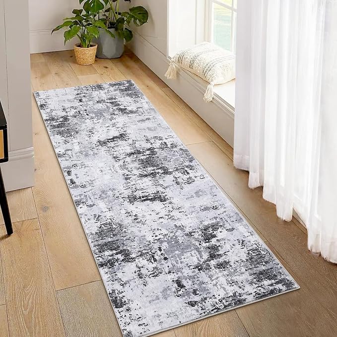 ROYHOME Modern Abstract 2x8 Runner Rug Non Slip,Grey | Non Shedding Low Pile Stain Resistant Rug for Bedroom Living Room