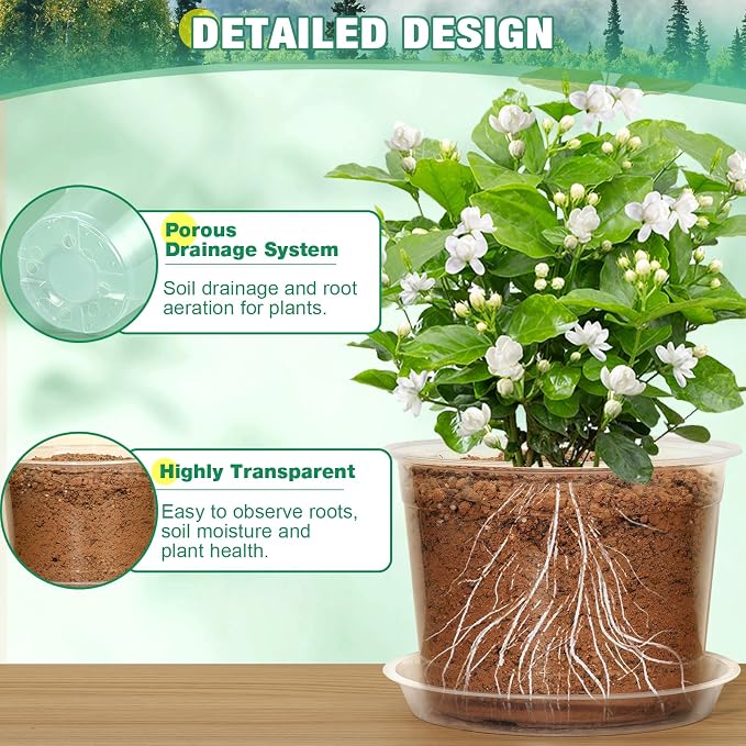 RAOOKIF 10/8/6/5 Inch Clear Nursery Pots with Drainage Hole, 16 Pack Large Nursery Pots for Plants for Indoor Outdoor, Plastic Clear Plant Pots for Flowers, Seedings, Succulents, Vegetables