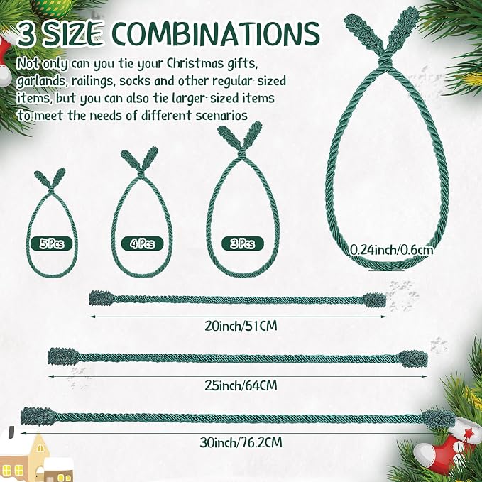 Zhengmy 12 Pcs Christmas Garland Ties Extra Long 30'' 25'' 20'' Green Decorative Twist Tie for Banister Reusable Flexible Twist Tie for Garland Stairway Railing Home Xmas Holiday Decor