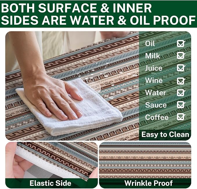 Picnic Table Cover with Bench Covers Elastic Edges, Blue Brown Tripes Camper Fitted Table Cover, Outdoor Patio Camping Essentials 72 Inch 5PCS, Waterproof Camping Fitted Tablecloth with Drawstring Bag