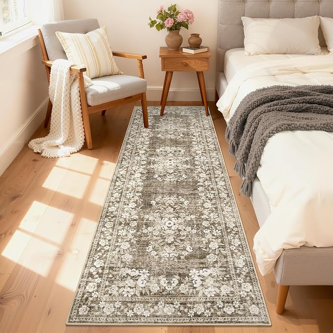 GarveeHome Runner Rug 2x10 for Porch Vintage Distressed Throw Carpet | Machine Washable Leaf Flower Botanical Long Rug for Laundry Room Low Pile Non-Slip Beige Runners Floral Rug for Bathroom