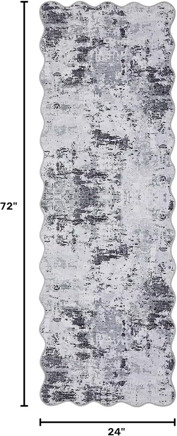 ROYHOME Scalloped Runner Rug 2x6 Modern Abstract Non Slip, Grey | Soft Stain Resistant Low Pile Machine Washable Non Shed Rug for Hallway Kitchen Bathroom