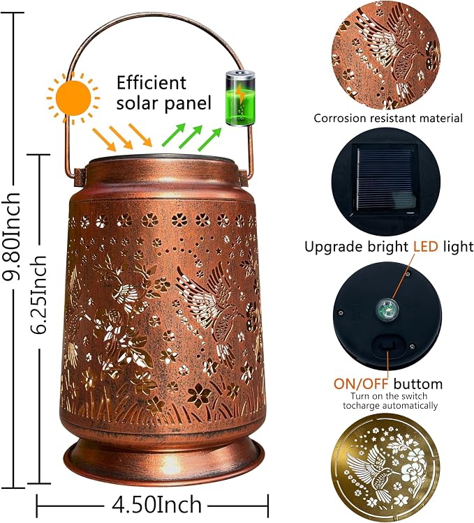 KY&BOSAM Retro Led Hummingbird Solar Lanterns Outdoor Waterproof | Metal Openwork Hanging Solar Lights Gifts for Women Mom Grandma Birthday Outside for Yard Patio Backyard Porch Garden Decor