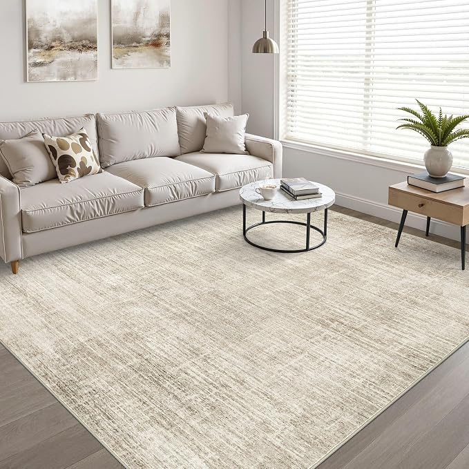 LOONGRUG 9x12 Area Rug Washable Neutral Modern Rug for Living Room Beige | Abstract Soft Stain Resistant Indoor Non-Slip Carpet for Bedroom Nursery Kids Office Playroom Dining Room