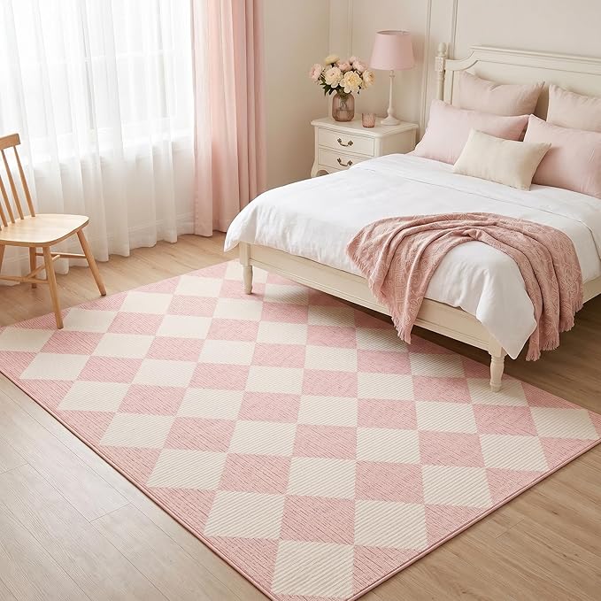 GarveeHome Pink Area Rugs 8x10 Modern Living Room Checkered Washable Rug | Large Soft Non Slip Backing Floor Mat Carpet Indoor Thin Rug for Bedroom Dining Room Playroom Nursery Home Decor