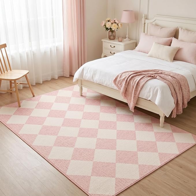 GarveeHome 5x7 Modern Checkered Area Rug Pink Washable Living Room Non Slip | Rugs for Bedroom Soft Low Pile Non Slip Diamond Floor Mat Plaid Print Throw Rug Indoor Carpet Dining Room Playroom