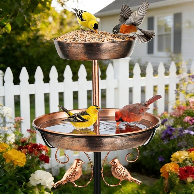 43" 2-Tier Metal Bird Bath and Feeder for Outdoor, 12" and 8" Dia Double Removable Bowl Bird Baths for Outside Standing Vintage Birdbath with Two Bowl Feeder, Garden Patio Lawn Decor