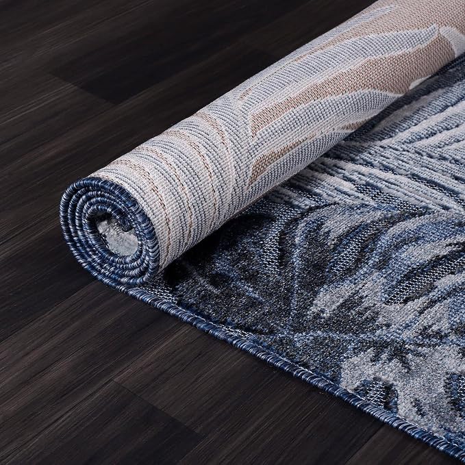 CAMILSON Indoor Outdoor Rug, Navy Blue 9’x12’ Leaf Tropical Botanical Area Rugs for Indoor and Outdoor patios, Easy-Cleaning Non-Shedding Living Room Garden and Kitchen Washable Outside Carpet (9x12)