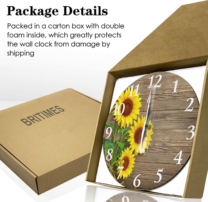 Britimes Round Wall Clock, Silent Non-Ticking Battery Operated Clock 12 Inch, Decor for Bathroom, Bedroom, Kitchen, Office or School Sunflowers Wooden