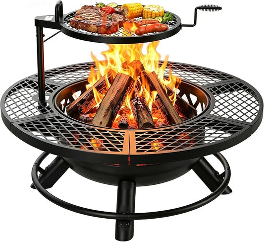 BALI OUTDOORS Fire Pit with Poker, 40 inch Outdoor Fire Pit Patio, Wood Burning Firepits for Outside with Grill