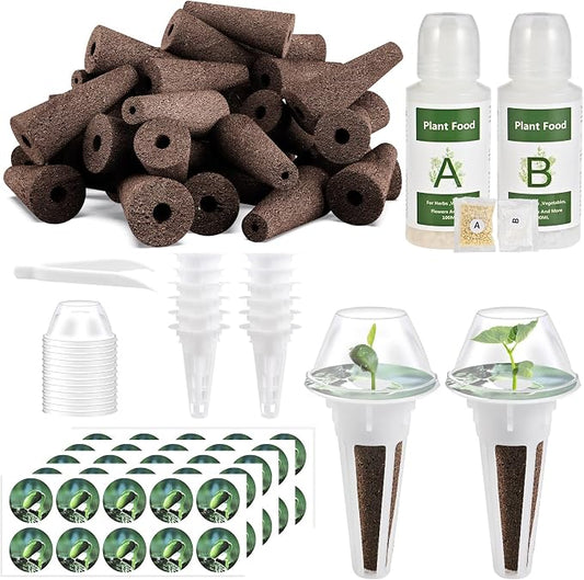 Tigvio 126 Piece Hydroponic Pods Kit: Grow Anything with 30 Grow Sponges, 30 Baskets, 30 Domes, 30 Labels, 4 A&B Plant Food, 1 Tweezer - Compatible with All Hydroponics Brands