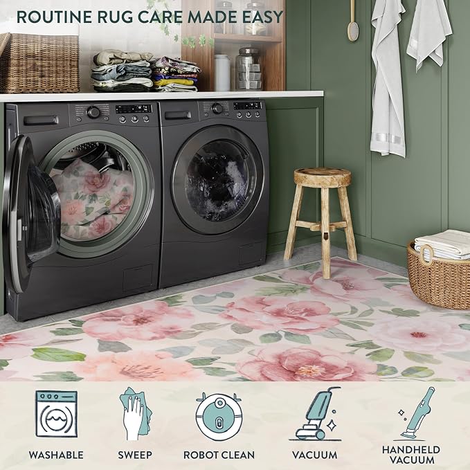 Lahome Beige Multi Floral Washable Rug 3x5 for Entryway and Bathroom | Soft Bedroom Rug, Ultra-Thin Home Decor Small Carpet for Kitchen, Kids Room, Office, College Dorm