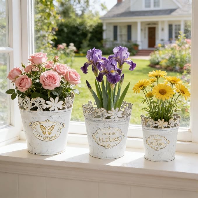 Set of 3 Vintage French Country Planters, Distressed White Metal Flower Pots with Lace Cutout Rim, Plant Pots for Succulents, Herbs, Indoor Outdoor Home Garden Decor (White - Set of 3)