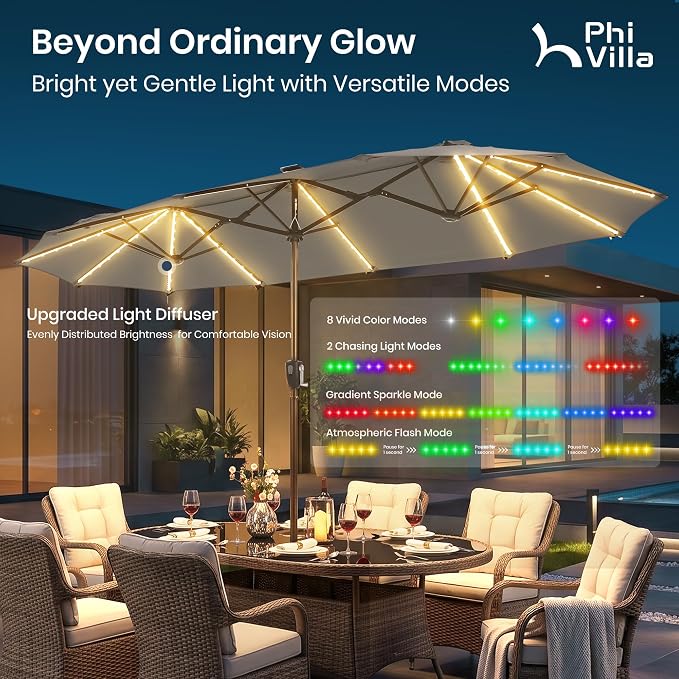 PHI VILLA 13ft Patio Umbrella with 120 PCS Solar-Powered LED Color-Changing Lights, Double-Sided Large Rectanglular Umbrella Outdoor for Table with Crank Lift,Light Grey(No Base)