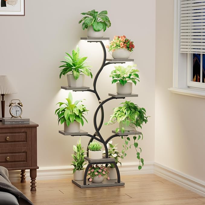 EVAWOO Plant Stand Indoor with Grow Light - 8 Tiered Plant Shelf Indoor, Corner Plant Stand, 49" Tall Plant Shelf with Lights for Indoor Growing, Lighted Flower Holder for Living Room, Balcony (Gray)