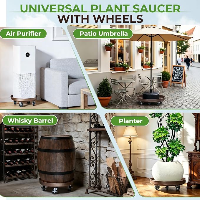 Plant Saucer 14" Rolling Plant Caddy Rolling Plant Stand with Wheels – Heavy Duty Metal, Locking, Sturdy, Rust-Resistant Finish, and Easy to Move, 390 lb Capacity, 2 Pack