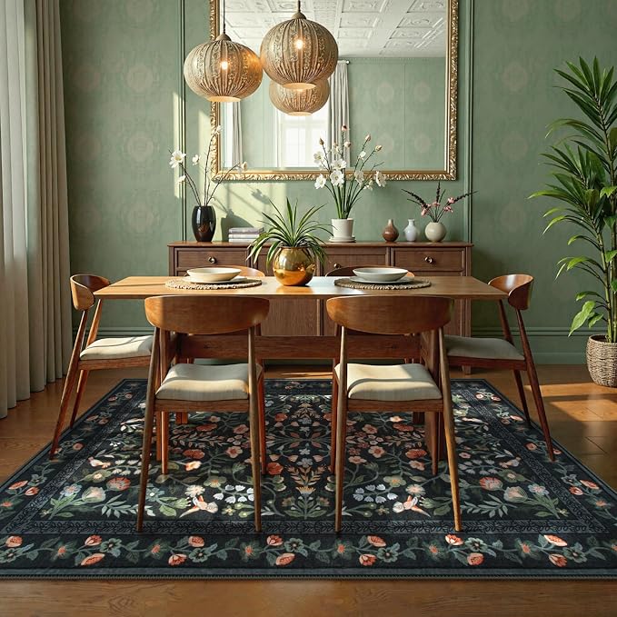 Lahome Black Floral Washable Area Rug 8x10, Vintage Boho Carpet | Non Slip Stain Resistant Carpet for Living Room Bedroom, Low-Pile Soft Rug for Dining Room Office, Home Decor