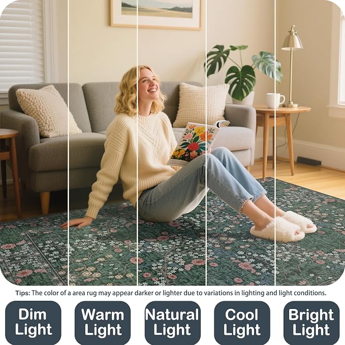 Washable 2'6" x 8' Runners for Hallways, Non Slip Long Floor Runner for Kitchen, Entryway Indoor, Stain Resistant Rubber Backing Floral Decor Rug (Green)