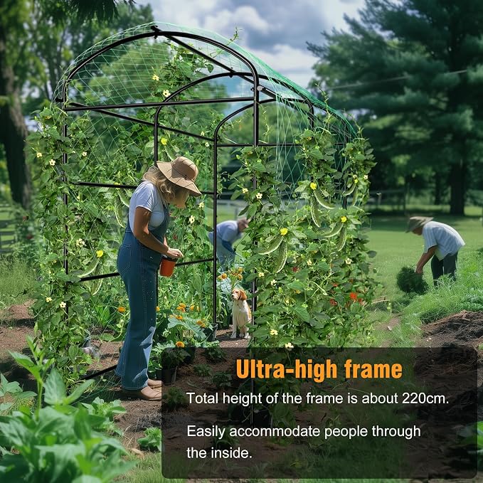 unho 87inch Metal Garden Trellis Arch for Climbing Plants - Polyethylene-Coated Anti-Rust, Heavy Duty, Wide Walk-Through Outdoor Arch with Net, for Cucumber Tomato Squash Zucchini Peas Grape Flowers