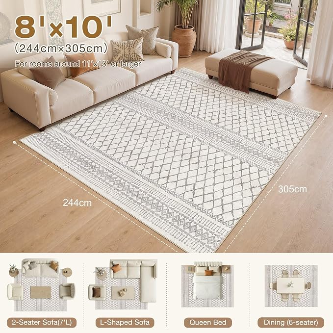 cotiled Boho 8x10 Area Rugs for Living Room: Large Moroccan Washable Rug | Stain Resistan Carpet for Bedroom Farmhouse Dining Room Beige Gray
