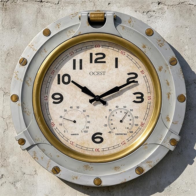 OCEST 18 Inch Outdoor Wall Clock with Thermometer and Hygrometer, Lightweight Waterproof Silent Clock with Large Easy-to-Read Numbers for Patio, Garden & Porch, Vintage Style