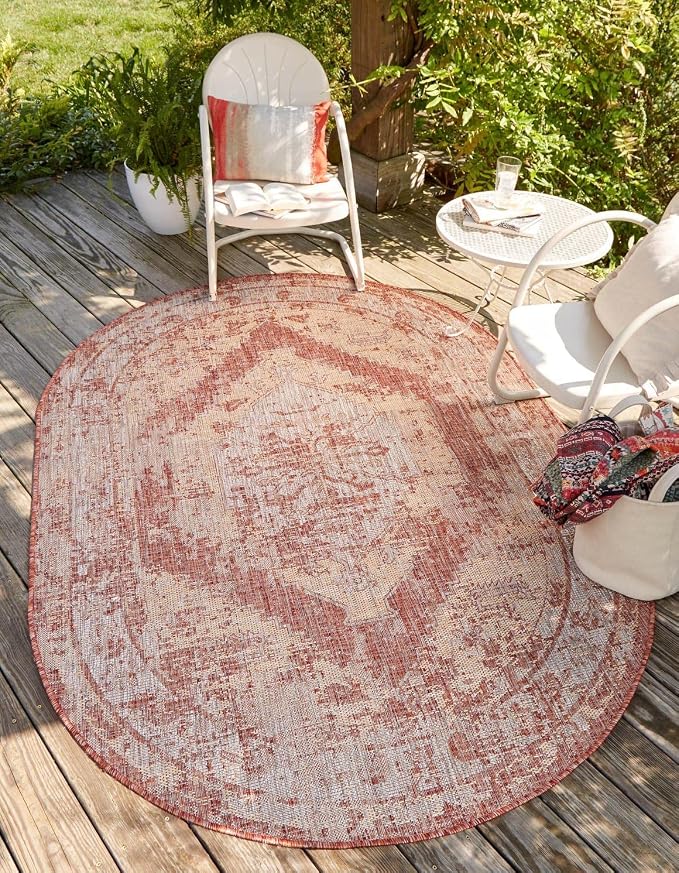 Unique Loom Outdoor Traditional Collection Area Rug - Valeria (5' 3" x 7' 10" Oval, Rust Red/ Ivory)