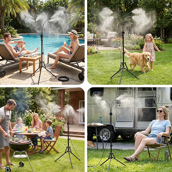 Gugxiom 5.3FT Standing Misters for Outside Patio, 26.5FT Water Supply Line & Adjustable Height & 5 Brass Nozzles, Portable Water Mister for Patio BBQ Pool
