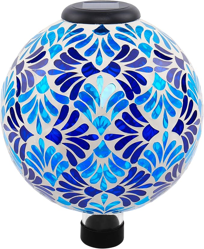 SAVENNA Mosaic Solar Gazing Ball 10 Inch, Glass Garden Globe with Auto On/Off for Yard, Lawn & Outdoor Decor, Blue Mosaic