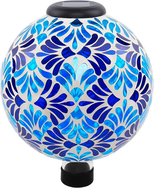 SAVENNA Mosaic Solar Gazing Ball 10 Inch, Glass Garden Globe with Auto On/Off for Yard, Lawn & Outdoor Decor, Blue Mosaic