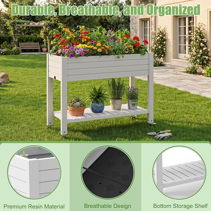 EFU Raised Garden Beds Outdoor, with Wheels & Extra Storage Shelf, Water Level Monitoring, Elevated Garden Bed, 21 Gallon Planter Raised Beds for Vegetables, Fruits, Backyard, Patio (Grayish White)