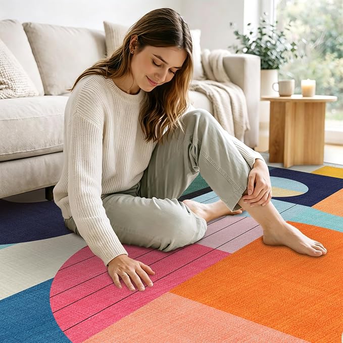 9x12 Area Rug Colorful Boho Geometric Carpet Modern Abstract Large Rug for Living Room Bedroom Machine Washable Non-Slip Rug for Dining Room Home Office