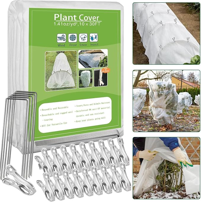 kockuu Plant Sun Protection Cloth, 10ft x 30ft 1.41 oz/yd² White Garden Plant Shade Cloth with 20 Stainless Steel Clips from Direct Sunlight, Plant Covers Frost & Sun Protection for Winter and Summer
