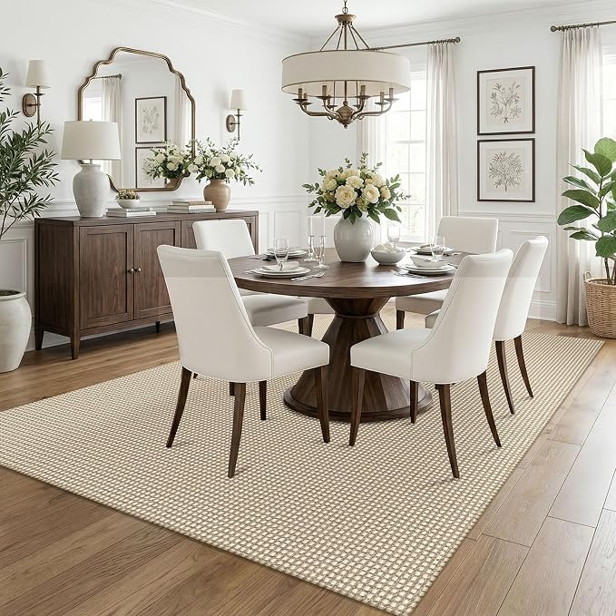 KOZYFLY Washable 5x7 Living Room Rug, Non Slip Woven Area Rugs, Braided Floor Carpet for Entryway, Kitchen, Bedroom, Dining Room, Office, Cotton Rug Indoor Decor, Ivory/Camel/Brown