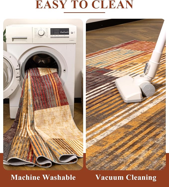 Brown Area Rug 5x7, Farmhouse Rugs for Bedroom,Vintage Burgundy Carpets Washable,Burnt Orange Area Rug Non Slip,Geometric Boho Rug for Kitchen,Dining Room