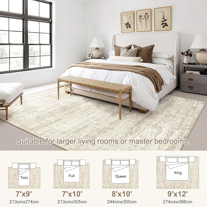 UERMEI 9x12 Washable Area Rug - Neutral Modern Abstract Living Room Rugs, Non-Slip Soft Large Indoor Floor Carpet for Bedroom Home Office & Under Dining Table Decor, Beige/Brown