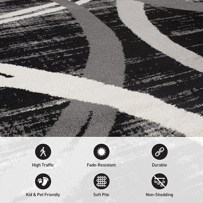 Rugshop Wavy Circles Modern Fade-Resistant Runner Rug Black 2' x 10' | Rectangular, Size 2' x 10', Living Room, Bedroom, Dining Room, Home Office, Kitchen, Entryway, Hallway, Nursery, Kids Room