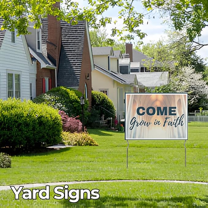 Come Grow in Faith! Yard Sign by DC | 24"x18" Double Sided Church Garden Sign with 13” Metal Stakes | Outdoor Signs Waterproof for Lawn, Patio, Sidewalk & House | Set of 2 | Made in USA