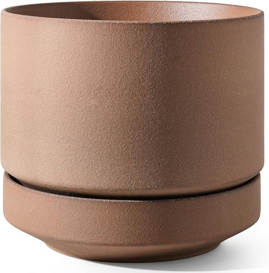 LE TAUCI Large 14 Inch Plant Pot with Saucer | Ceramic Outdoor & Indoor Big Planter Pot | Drainage Hole, Mesh Pad | Unglazed Porous | Modern Minimalist for Home and Patio – Terracotta Color