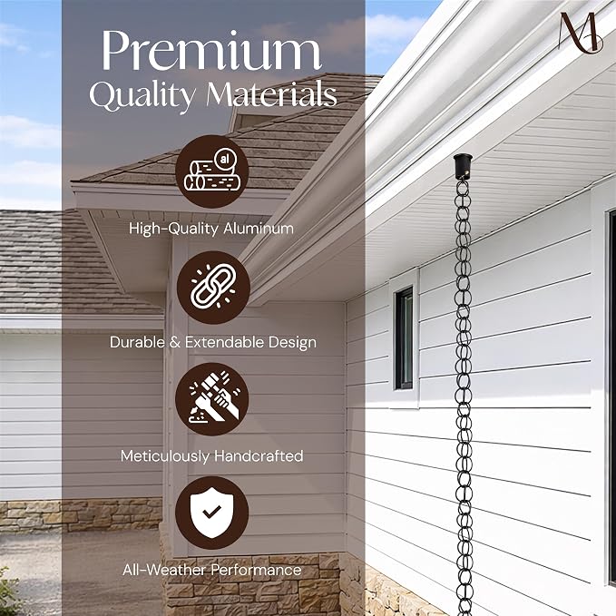 Monarch Rain Chains Aluminum Ring Black Rain Chains for Gutters – 8.5 ft Black Decorative Rainchain Outdoor Durable Heavy Duty Gutter Chain Downspout, Modern Rainchains for Outside