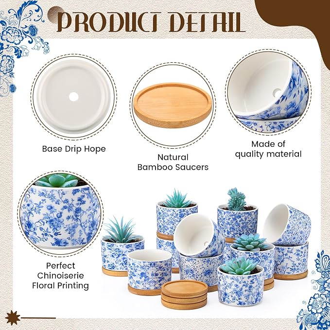 Maxdot 12 Pcs 3 Inch Ceramic Chinoiserie Succulent Pots Blue and White Mini Plant Cylinder Pots with Drainage Holes and Bamboo Trays for Indoor Plants Flowers Succulent Garden Decoration