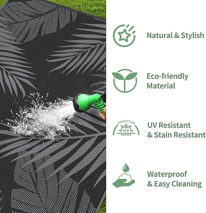 GENIMO Outdoor Rug 10' x 14' Waterproof for Patios Clearance, Reversible Outdoor Plastic Straw Camping Rug Carpet, Large Area Rugs Mats for RV, Camper, Deck, Balcony, Porch, Beach, Picnic, Black&Grey