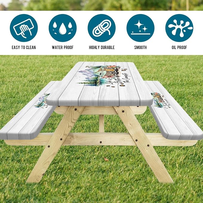 Picnic Table Cover with Bench Covers, Camper Floral Waterproof Windproof, Fitted Tablecloth with Elastic Edge, Camping Accessories Essentials for Backyard BBQ RV Trip Picnic Outdoor Party, 30X96 inch