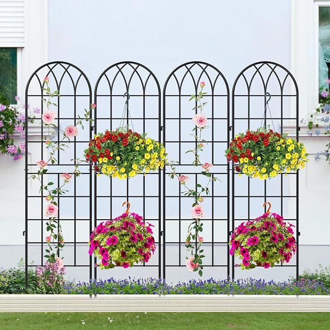 SUNYRISY 4Pack Metal Garden Trellis for Climbing Plants Outdoor, 71x20in Metal Plant Support for Flowers Tomato Cucumber Rose Vegetable Garden Courtyards Lawns Decoration, Black