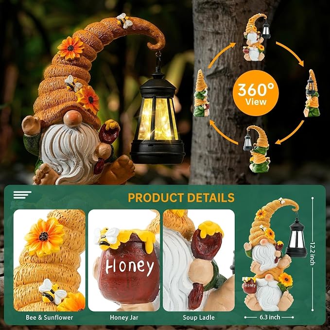 Solar Bee Garden Gnomes with LED Lantern, 12.2-Inch Outdoor Statue | Hand-painted weather-resistant resin decor for patio, lawn, porch and yard; gift for women, moms, grandmas, bee lovers