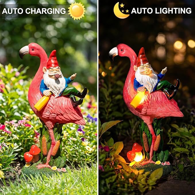 C&Y&G&X Middle Finger Gnome Riding Flamingo 13in, Funny Garden Statue Solar Powered Outdoor Yard Decor with LED Beer Bottle & Mushrooms, Waterproof Naughty Lawn Ornament Gag Gift for Patio, Porch